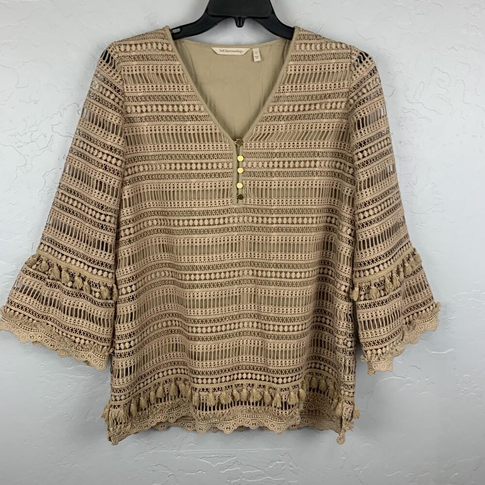 Soft Surroundings Shirt Womens Large Beige Lace Tassel Bell Sleeve Boho 2DX07